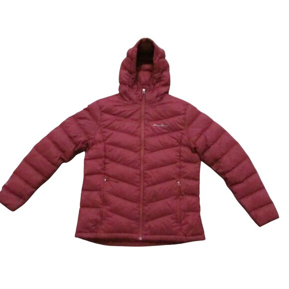 EDDIE BAUER Womens L Burgundy Short Goose Down Puffer Coat - Picture 1 of 9